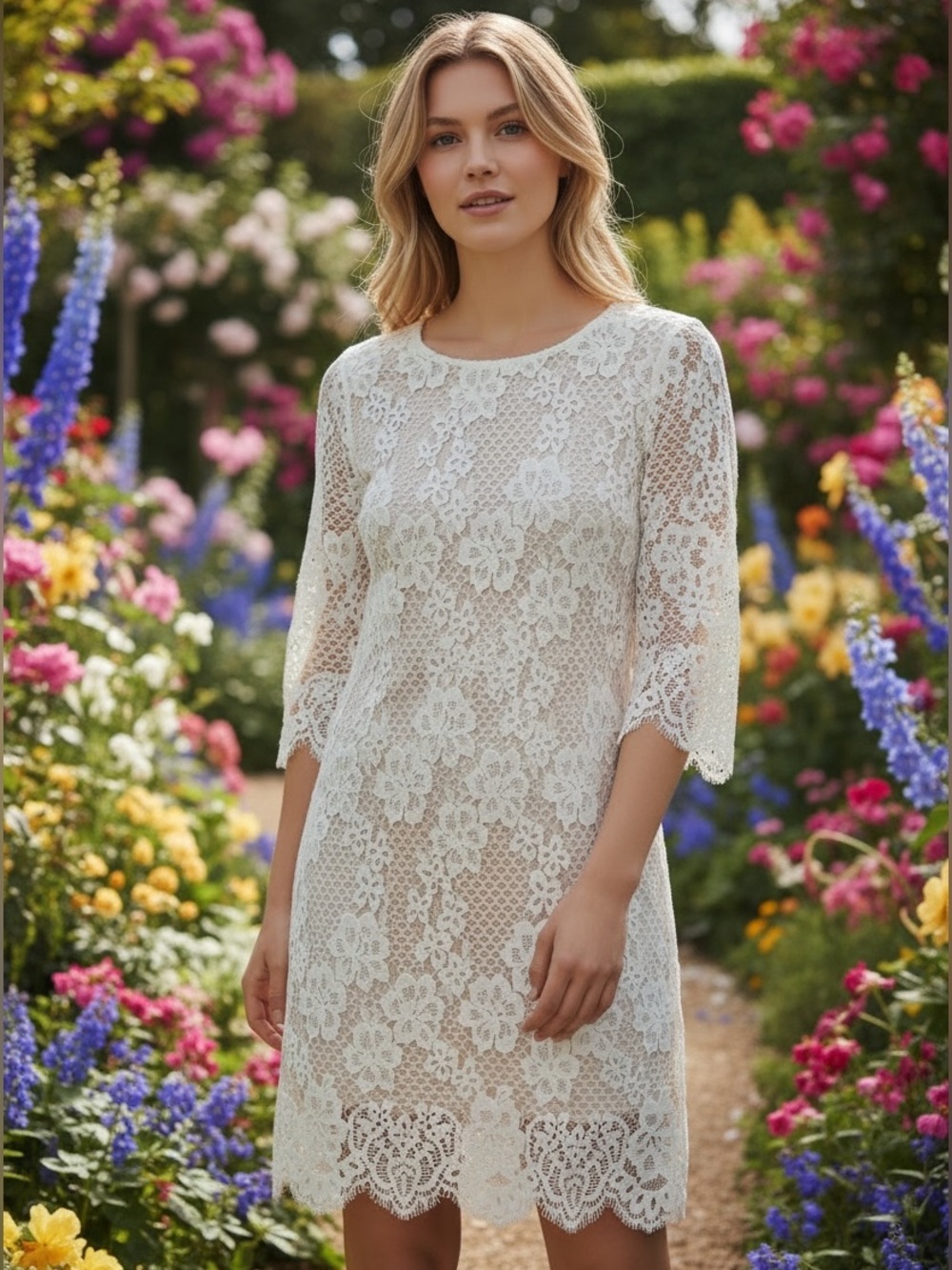 Eliza J White Lace Long Sleeve Scallop Dress